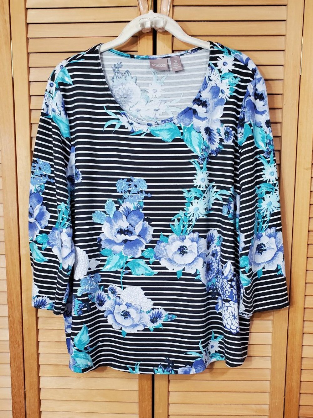 Chico's Striped Floral Scoop Neck Tee Size 3 (16)